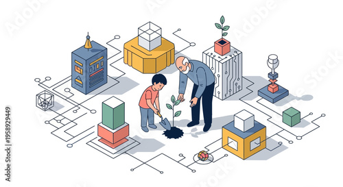 Old man and boy plant tree in tech world for growth and green life now