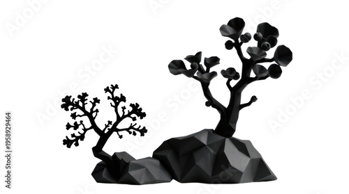 Sculpture of Two Abstract Black Geometric Trees on Rocks Against a Transparent Background