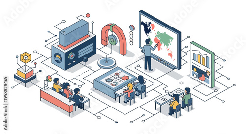 Digital Class Geography Lesson Teacher Students Map Screen Study Learning School Science Tech Data Knowledge Info Global