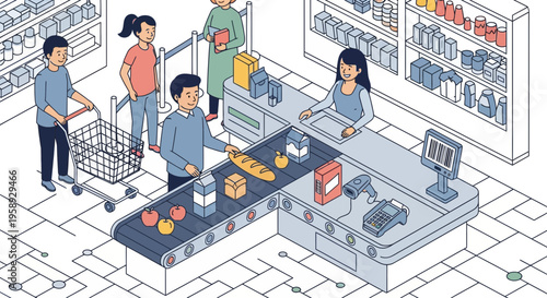 Man buy food at shop desk with cart and girl in a big mall store