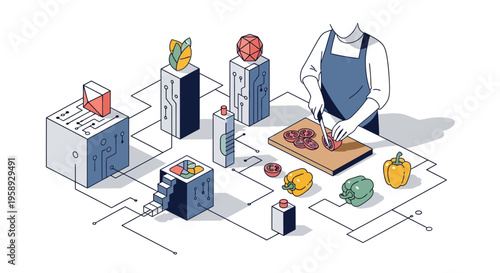 A chef cuts fresh food in a tech kitchen for a healthy diet meal prep