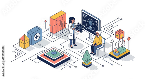 Modern doctor shows digital brain scan results to elderly patient in smart clinic during an isometric medical consultation health session