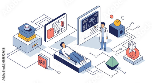 Isometric medical doctor patient checkup technology health digital system analysis screen brain scan diagnostic clinic
