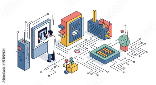 A male doc at work with new med tech kit for lung x ray in lab room