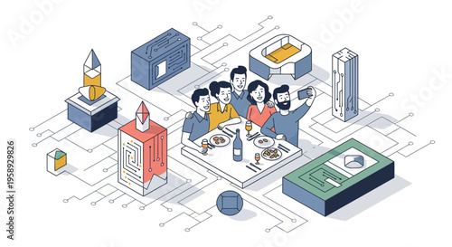 A group of five friends eat dinner and take a selfie in a tech world