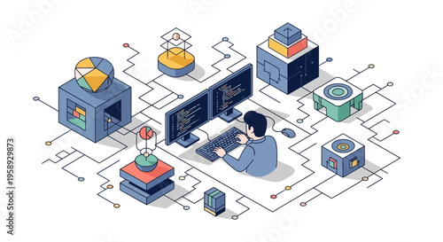 Coder at work dev task pro web app data tech icon set plan pc fast run