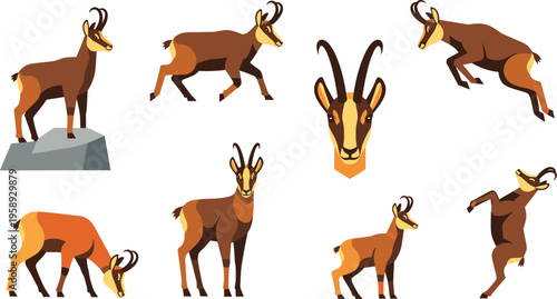 Flat Antelope Character Pose Set Featuring Standing Running Jumping Grazing and Head View Positions with Wildlife Animal Illustrations for Nature Design