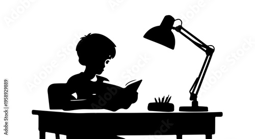 Black Silhouette of a Child Reading at Desk with Table Lamp