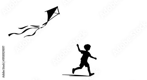 Black Silhouette of a Child Flying a Kite