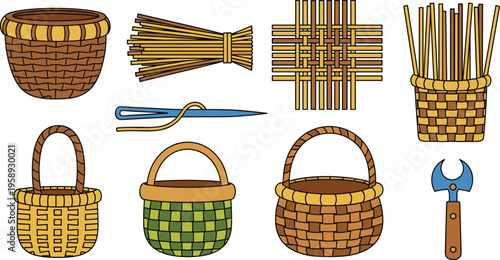 Flat Basket Weaving Craft Icon Set Featuring Wicker Baskets Handmade Tools Needle Reed Bundles and Traditional Weaving Elements for Artisan Design