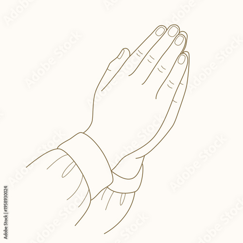 Złożone dłonie w modlitwie — ilustracja wektorowa w stylu line art. Splecione dłonie w geście modlitwy. Grafika do projektów religijnych, komunii, bierzmowania i materiałów dewocjonalnych.