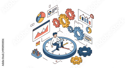 Man on clock working with laptop gears and charts for time management productivity business efficiency concept