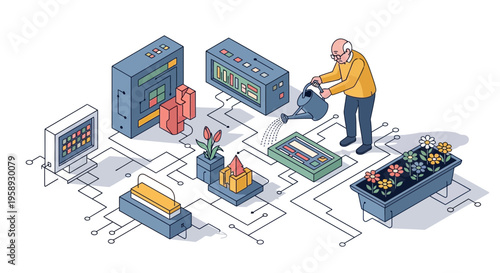 Elderly man watering his smart city garden which combines electronic circuit components and organic flower boxes in isometric view