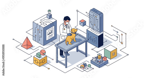 Professional veterinarian checking small puppy pet in digital clinic health care science technology isometric vector illustration