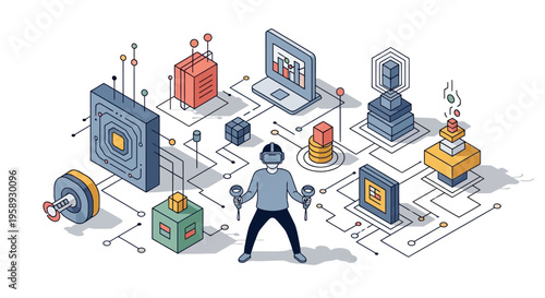Man in VR gear uses tech data for a web of info flow to see