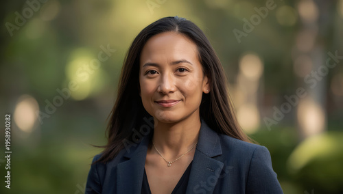 Confident professional woman portrait in outdoor park setting with soft bokeh