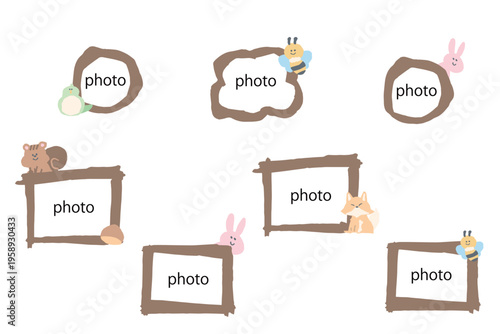 森のシンプルかわいいデザイン 動物の写真フレームセット 幼稚園・保育園向けワンポイント素材（リス・ウサギ・トリ・キツネ・ハチ）