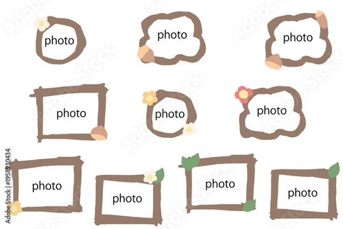 森のシンプルかわいいデザイン 植物の写真フレームセット 幼稚園・保育園向けワンポイント素材（お花・木の実・葉っぱ）