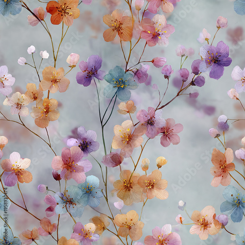 Soft watercolor micro floral seamless pattern with delicate pastel flowers in pink, purple, blue, and peach tones creating gentle and elegant botanical design