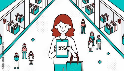 Woman shopping in store holding tablet displaying discount offer  