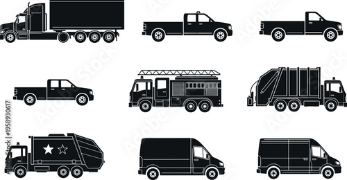 Commercial vehicle silhouette collection featuring cargo truck, pickup, garbage truck, fire engine and delivery van isolated as black transport vector icons for logistics design use