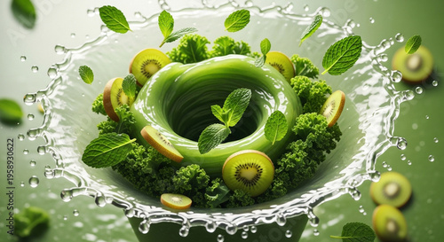 Glowing detox smoothie swirl with floating organic mint