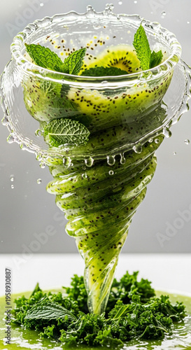 Isolated green smoothie splash ring with mint and kiwi