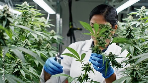 A person trims a plant, surrounded by a lush indoor garden of leafy green plants with flowering buds