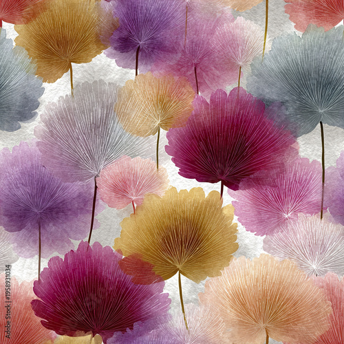 Soft watercolor puff flowers seamless textile repeat tile pattern with delicate lines and vibrant colors creating soothing and artistic floral design for fabric or wallpaper