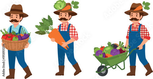 Farmer character collection carrying fresh vegetables and pushing wheelbarrow featuring organic harvest, rural agriculture lifestyle and gardening work isolated colorful vector illustration set