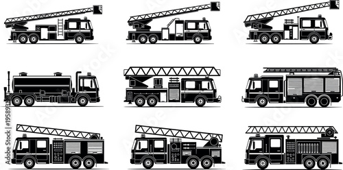 Fire truck silhouette collection featuring ladder engines, rescue vehicles and emergency service transport isolated as detailed black vector icons for firefighting and safety design projects