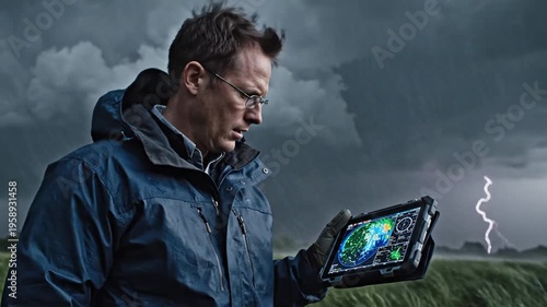 A scientist examines a tablet depicting a weather map amidst a stormy landscape, with lightning