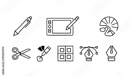 Linear design tools icons digital creative equipment vector illustration set