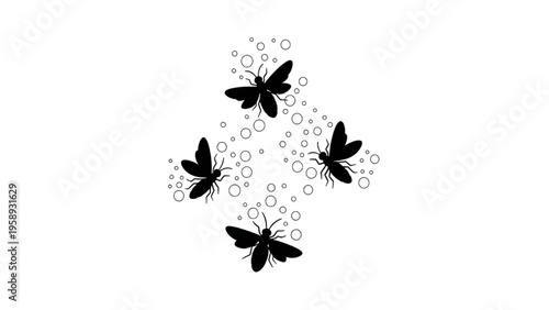 Symmetrical graphic illustration featuring a swarm of flying insects with abstract bubbles