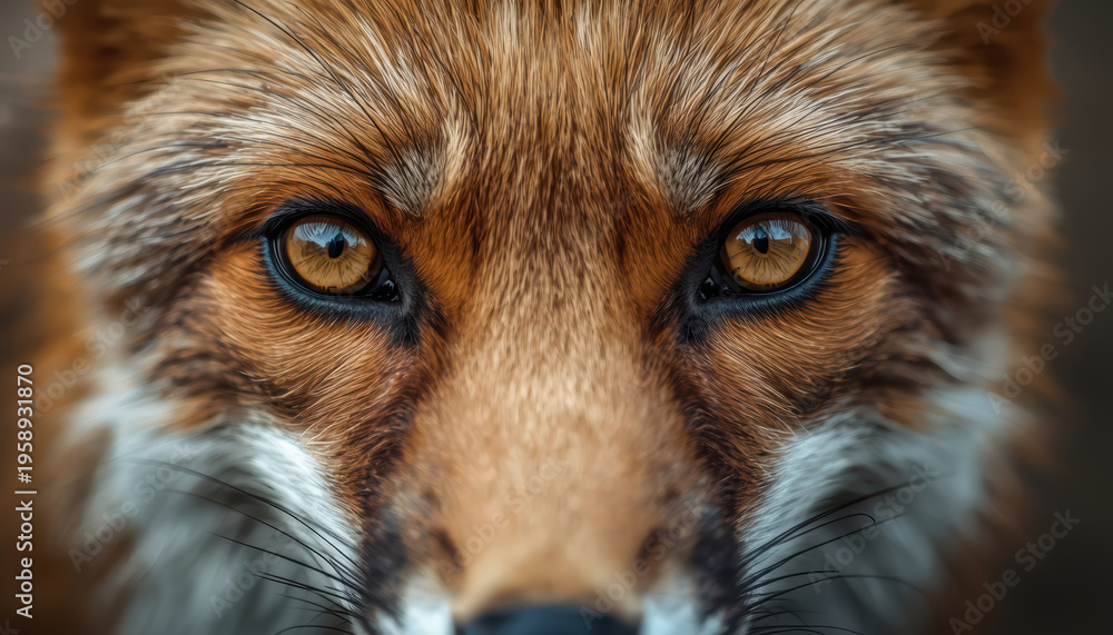 Fototapeta premium Close up fox portrait showing amber eyes and detailed fur texture, intimate wild emotion