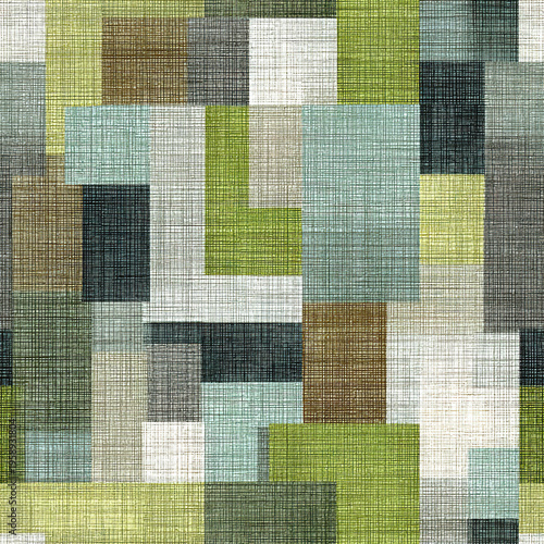 Soft woven textile texture pattern with muted green, blue, brown, and beige color palette creating calm and natural abstract design in rectangular shapes