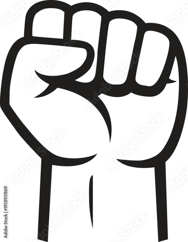 A black and white illustration of a clenched fist symbol of solidarity