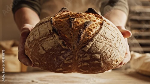 A baker holds up a crusty, golden loaf of bread. Flour dusts the hands and table