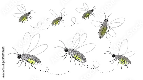 Charming hand-drawn fireflies with glowing abdomens and dynamic flight patterns