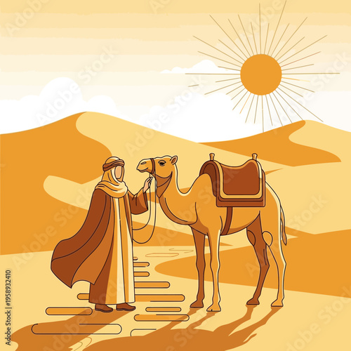 Desert Nomad And Camel Journey Under The Blazing Sun