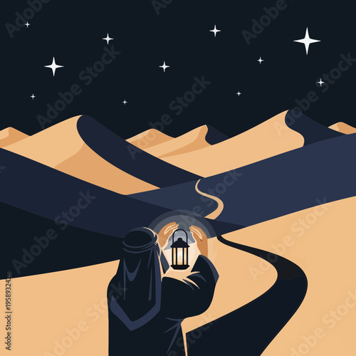 Desert Nomad Navigates Starry Night With Ancient Lantern