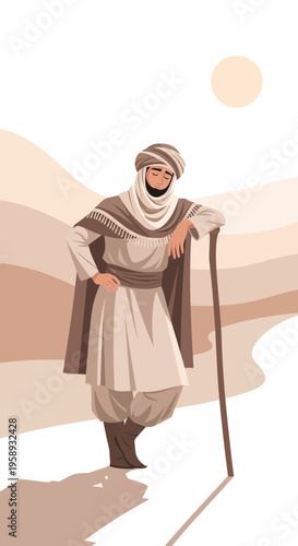 Desert Nomad Resting With Cane Under The Sun