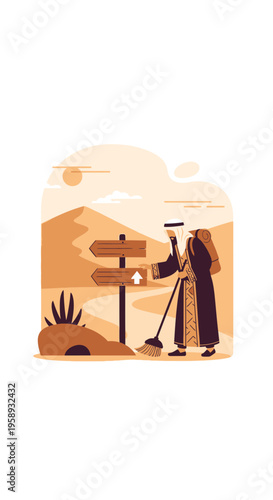 Desert Nomad Navigates Crossroads With Broom and Directional Signs