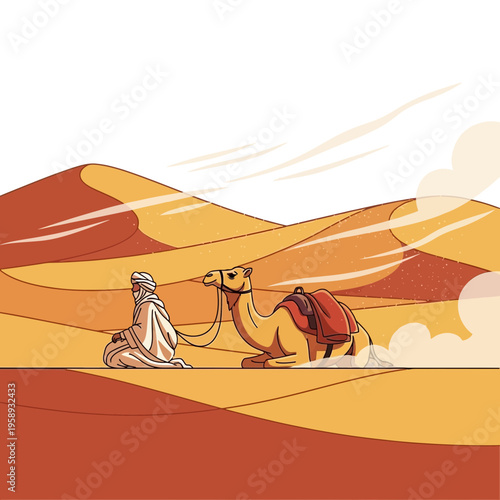 Desert Nomad Resting With Camel Under Vast Arid Sky