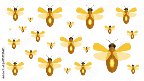 Stylized graphic of multiple glowing yellow insects, an abundant and lively collection for design projects