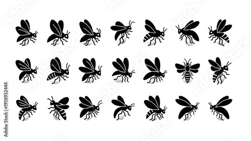 Diverse Bee and Wasp Silhouette Icons Collection Varied Insect Symbols for Nature and Environment Designs
