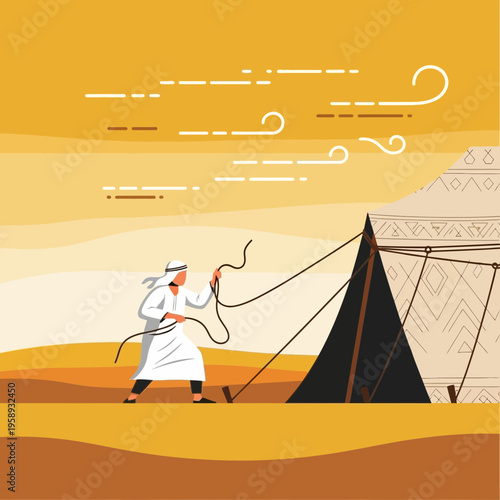 Desert Nomad Securing Traditional Tent Amidst Winds