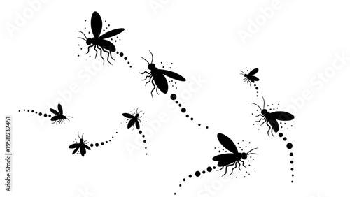 Stylized vector of flying insects, possibly mosquitoes or gnats, showcasing dynamic movement with dotted trails