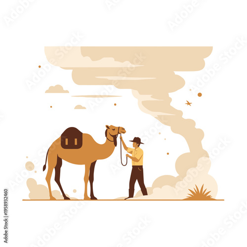 Desert Nomad Tends Gentle Camel Under Vast Expansive Sky
