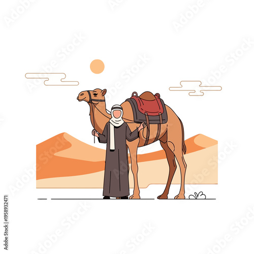 Desert Nomad With Camel Journeying Through Sand Dunes